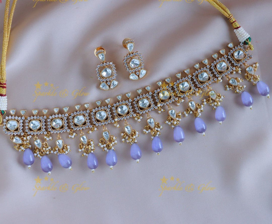 Elegant Kundan Floral Vcitorian AD choker with voilet beads - Sparkle and Glow - Back Thread - 