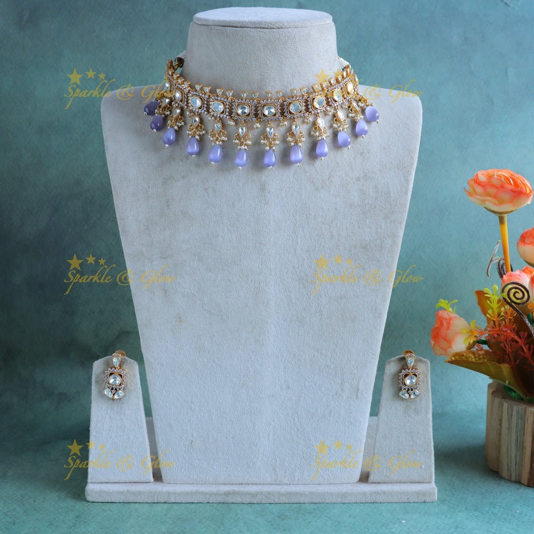 Elegant Kundan Floral Vcitorian AD choker with voilet beads - Sparkle and Glow - Back Thread - 