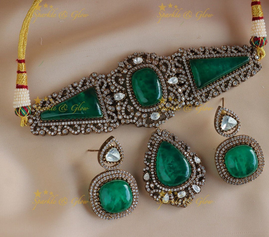 Gracious Onyx Sabyasachi inspired mirror work moissonite bridal choker - Green - Sparkle and Glow - 