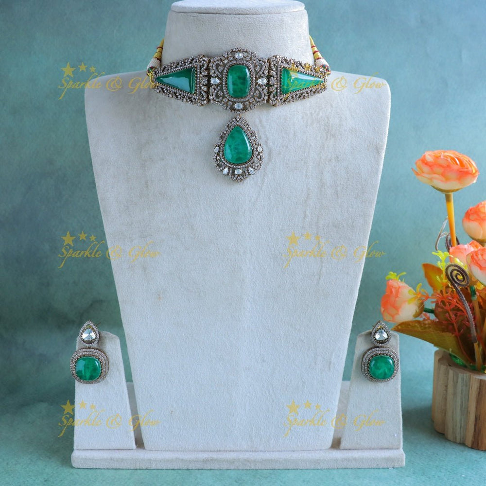Gracious Onyx Sabyasachi inspired mirror work moissonite bridal choker - Green - Sparkle and Glow - 