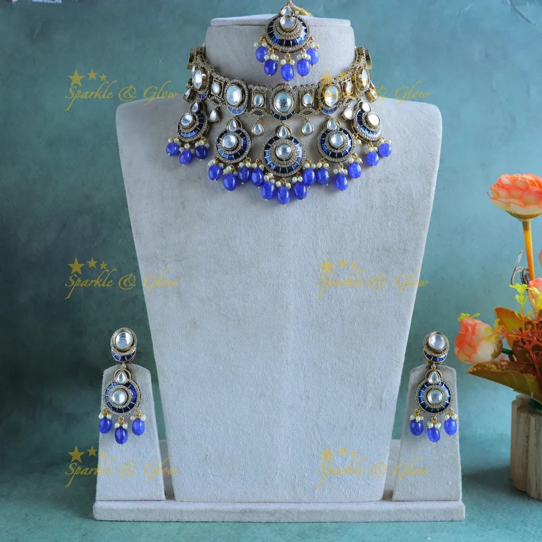 Intricately carved victorian AD choker with Kundan stones-Purple - Sparkle and Glow