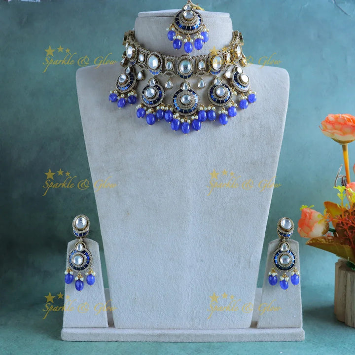 Intricately carved victorian AD choker with Kundan stones-Purple - Sparkle and Glow