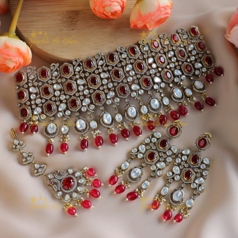 Statement Kundan Victorian AD choker with maangtikka - Red - Sparkle and Glow - 