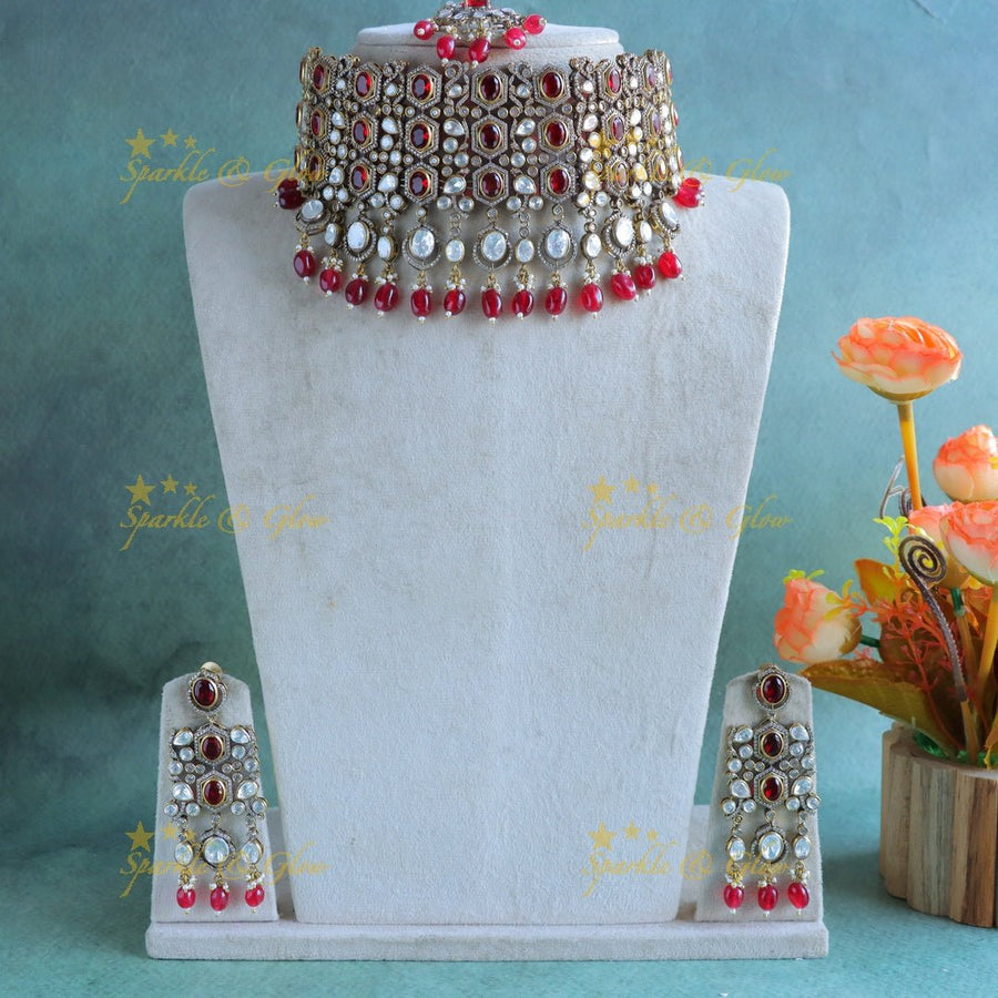 Statement Kundan Victorian AD choker with maangtikka - Red - Sparkle and Glow - 