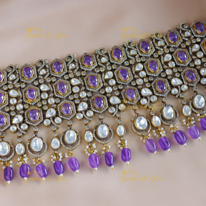 Statement Kundan Victorian AD choker with maangtikka-Voilet
