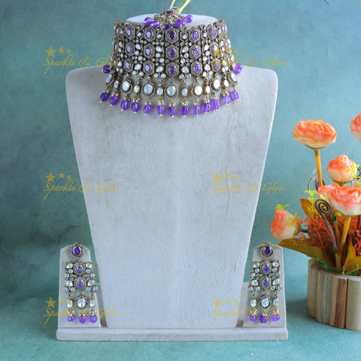 Statement Kundan Victorian AD choker with maangtikka-Voilet
