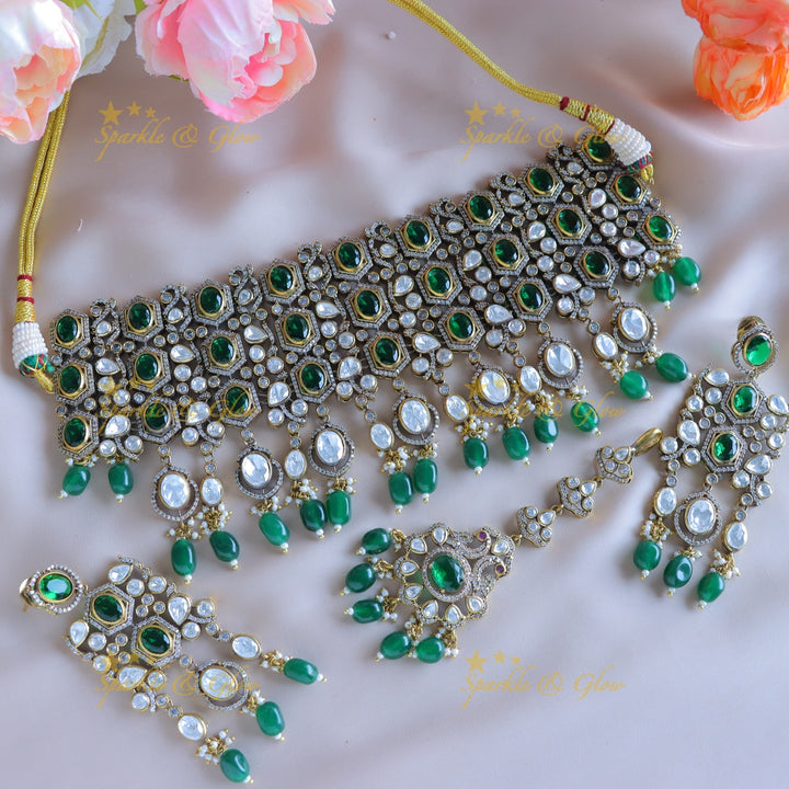 Statement Kundan Victorian AD choker with maangtikka-Voilet