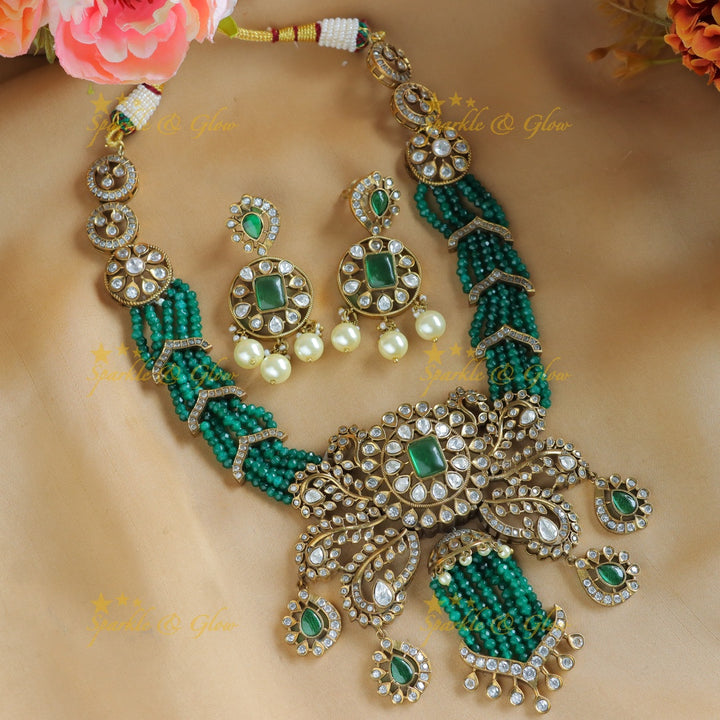 Stunning Leaf Floral carved Victorian AD short necklace with multilayered red beads