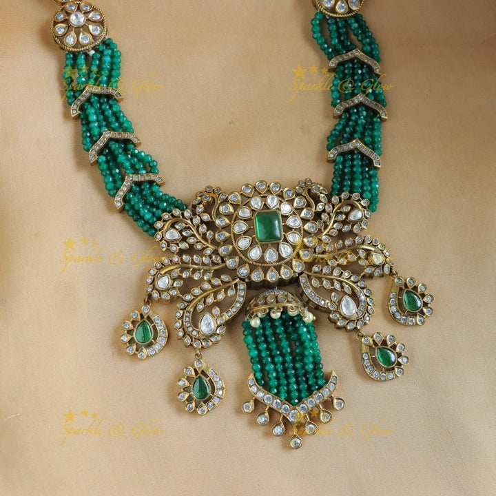 Stunning Leaf Floral carved Victorian AD short necklace with multilayered green beads - Sparkle and Glow - 