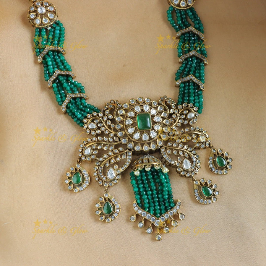 Stunning Leaf Floral carved Victorian AD short necklace with multilayered green beads - Sparkle and Glow - 