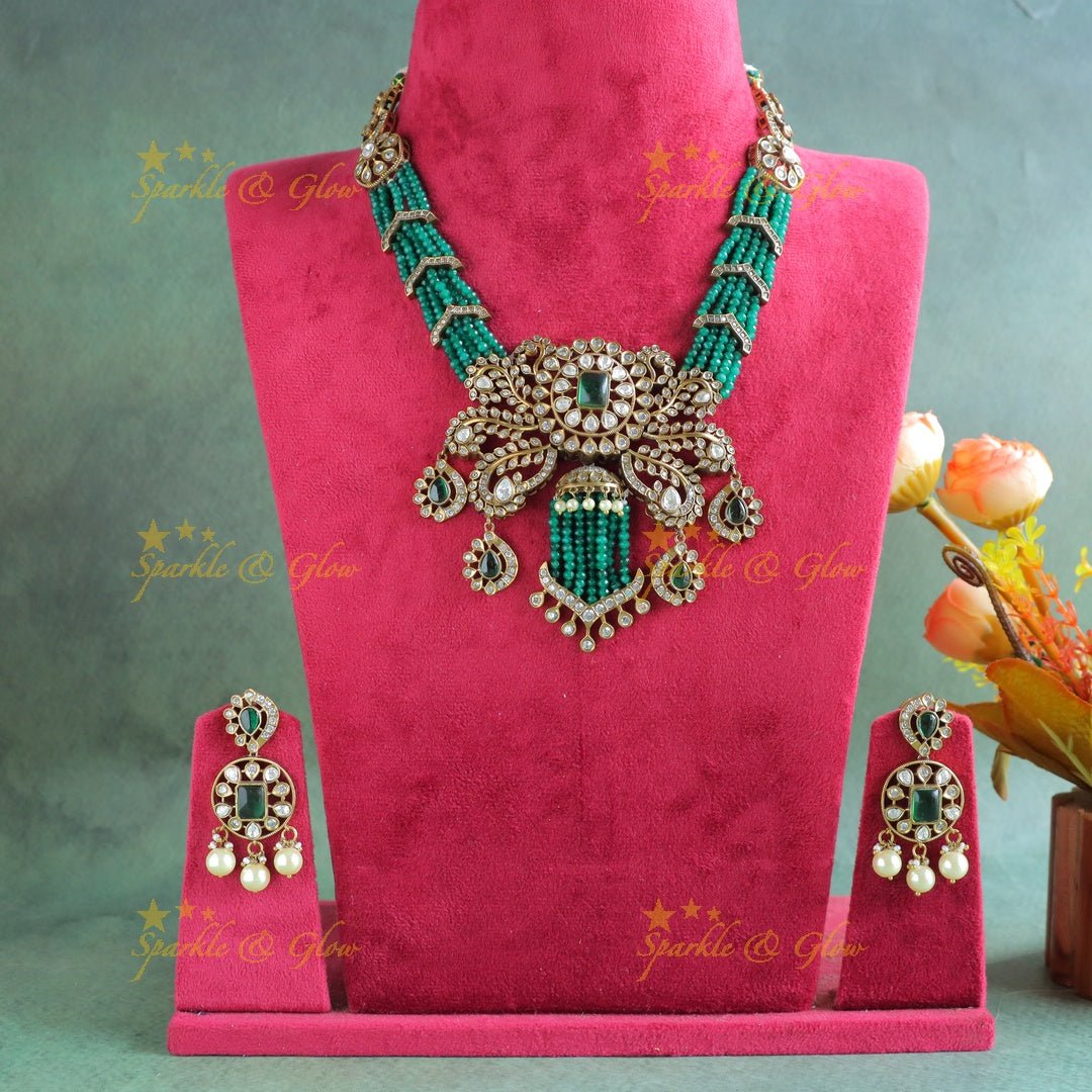 Stunning Leaf Floral carved Victorian AD short necklace with multilayered green beads - Sparkle and Glow - 