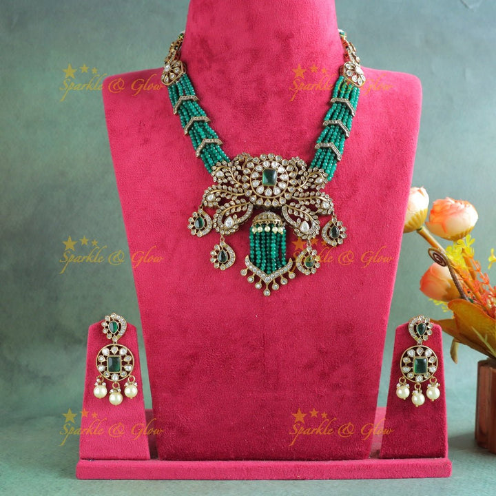 Stunning Leaf Floral carved Victorian AD short necklace with multilayered green beads - Sparkle and Glow - 