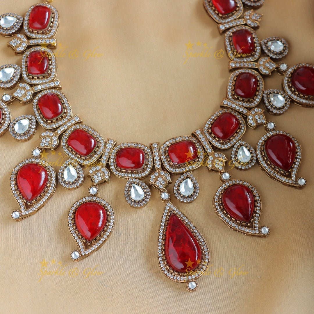 Stunning Kundan Mango design Victorian AD short necklace - Red - Sparkle and Glow - 