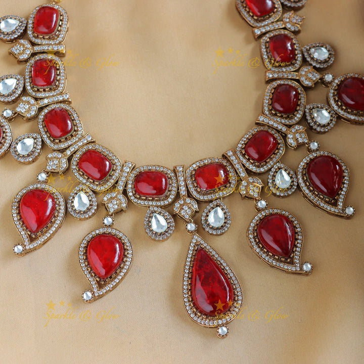 Stunning Kundan Mango design Victorian AD short necklace - Red - Sparkle and Glow - 