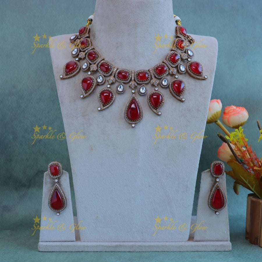 Stunning Kundan Mango design Victorian AD short necklace - Red - Sparkle and Glow - 