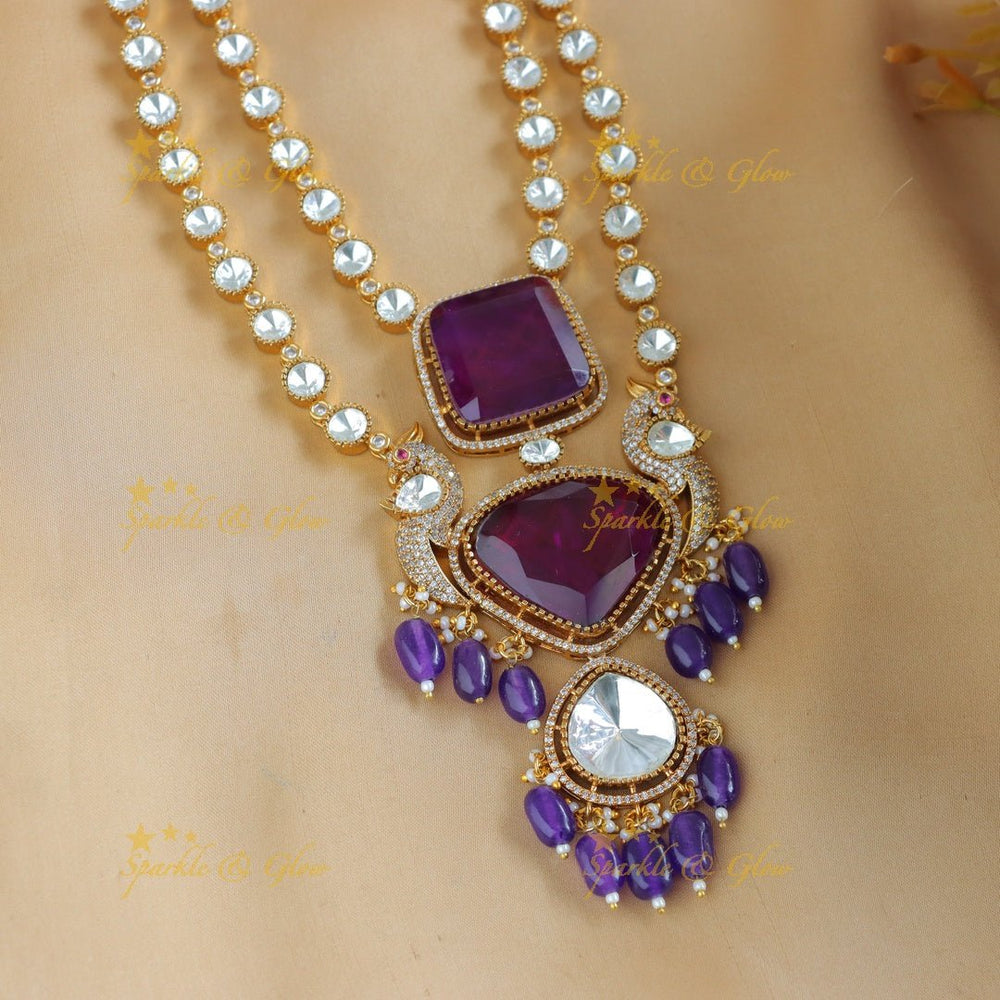 Elegant Square diamond pendant layered Victorian AD Kundan necklace - Blue - Sparkle and Glow - 