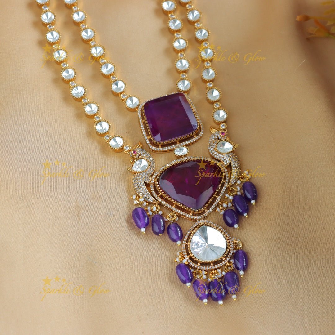 Elegant Square diamond pendant layered Victorian AD Kundan necklace - Blue - Sparkle and Glow - 