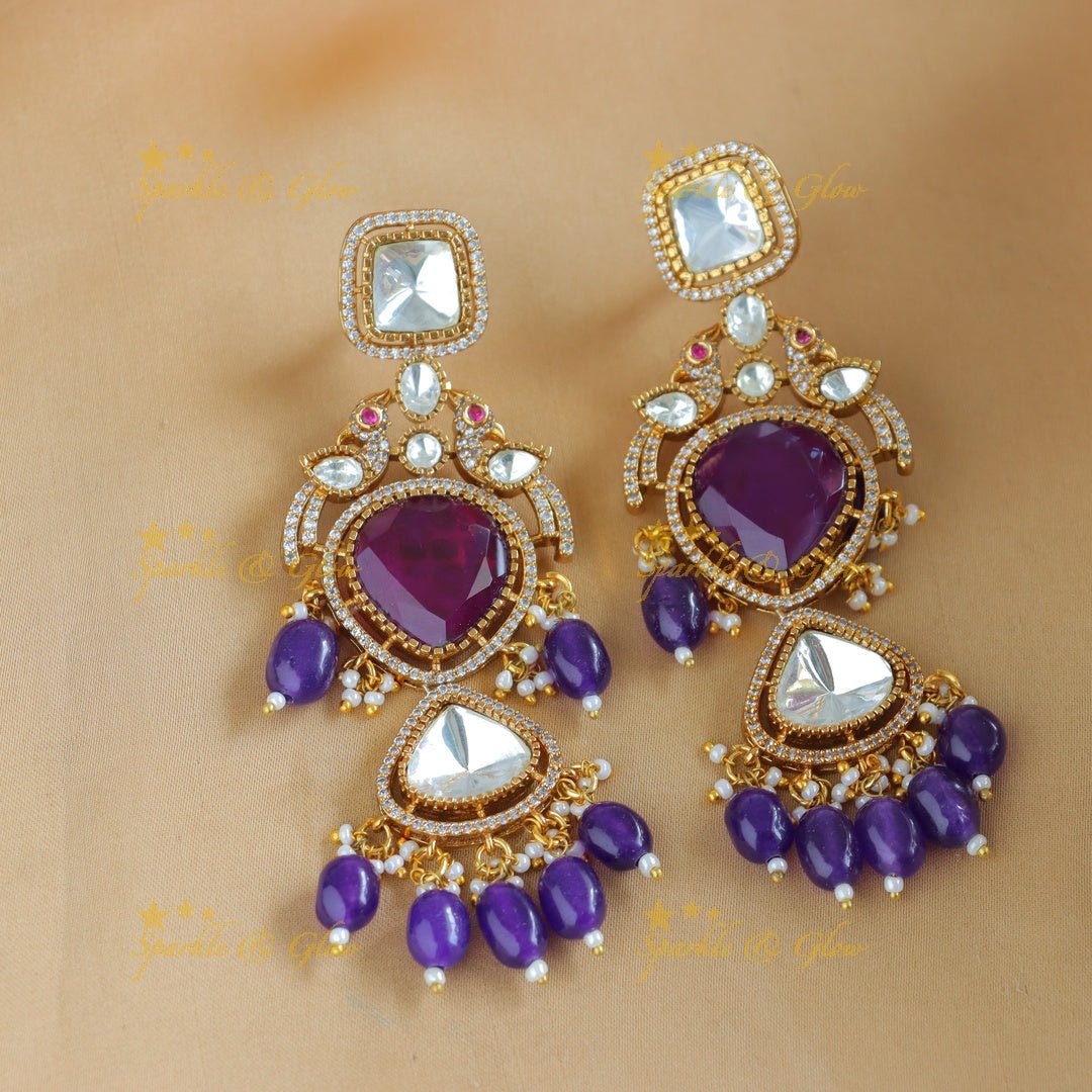 Elegant Square diamond pendant layered Victorian AD Kundan necklace - Blue - Sparkle and Glow - 