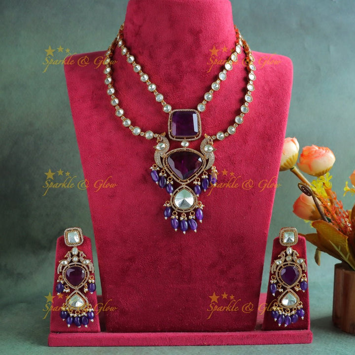 Elegant Square diamond pendant layered Victorian AD Kundan necklace - Blue - Sparkle and Glow - 