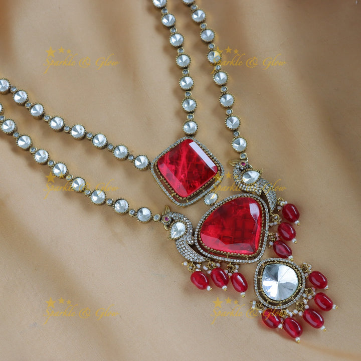 Elegant Square diamond pendant layered Victorian AD Kundan necklace-Red