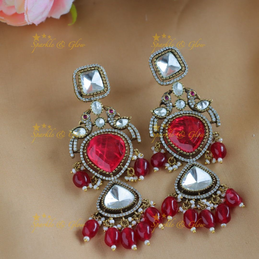 Elegant Square diamond pendant layered Victorian AD Kundan necklace-Red