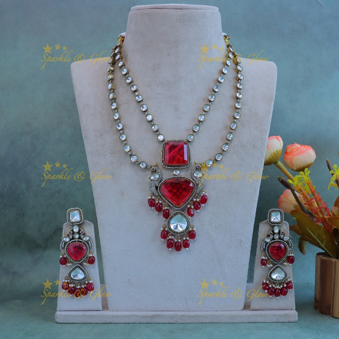 Elegant Square diamond pendant layered Victorian AD Kundan necklace-Red