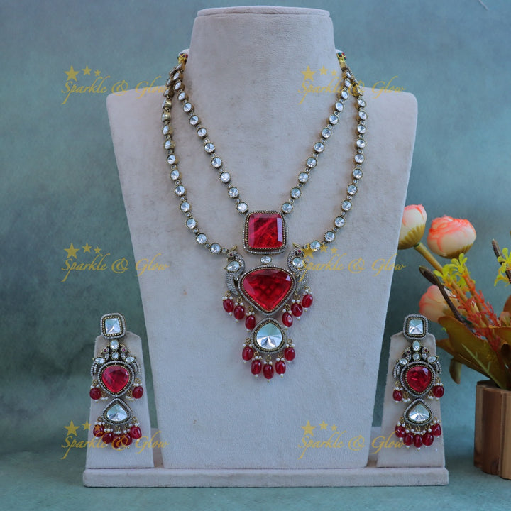 Elegant Square diamond pendant layered Victorian AD Kundan necklace-Red