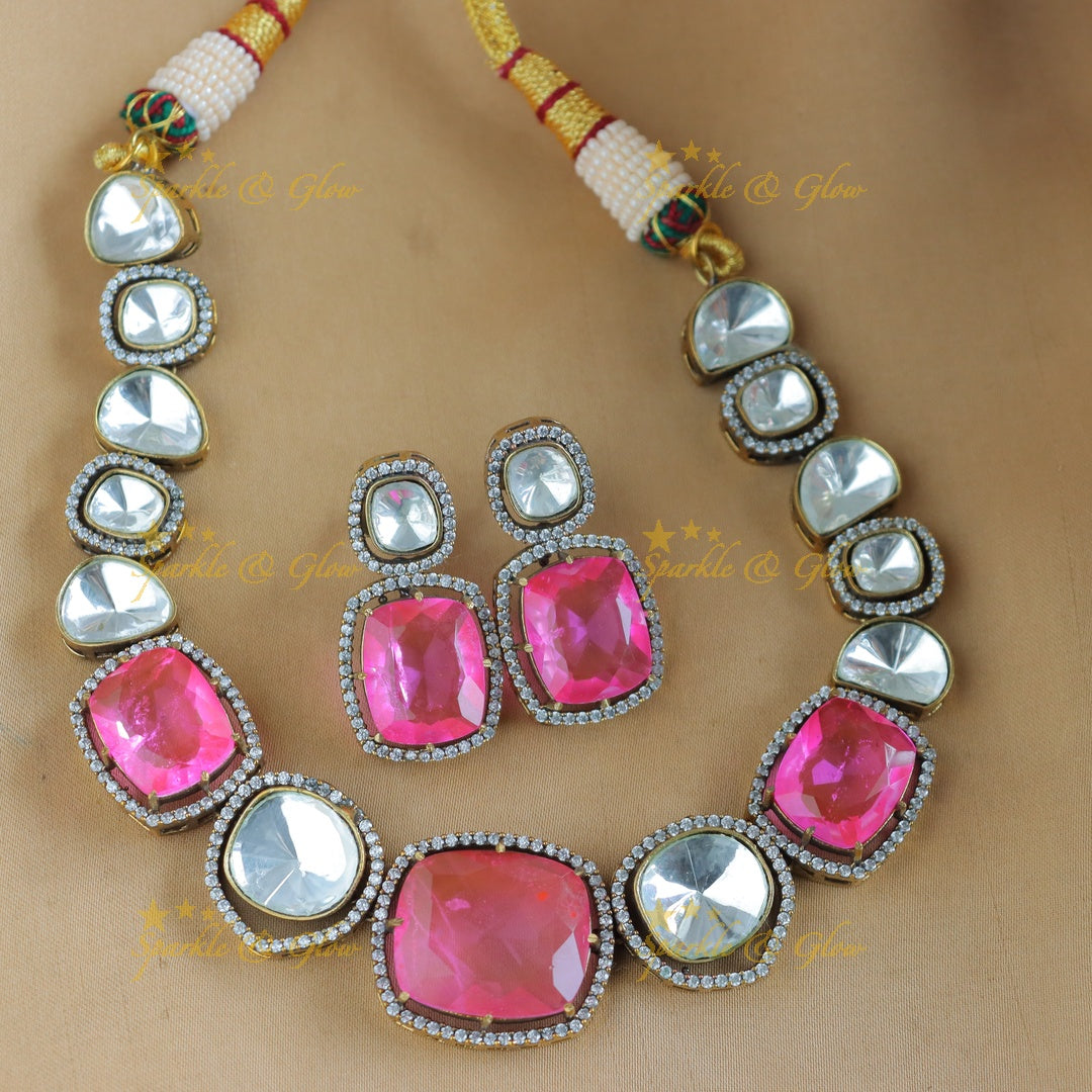 Stunning Goemetric design Victorian AD kundan short necklace-Red