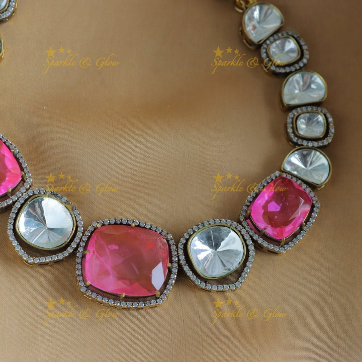 Stunning Goemetric design Victorian AD kundan short necklace - Light pink - Sparkle and Glow - 
