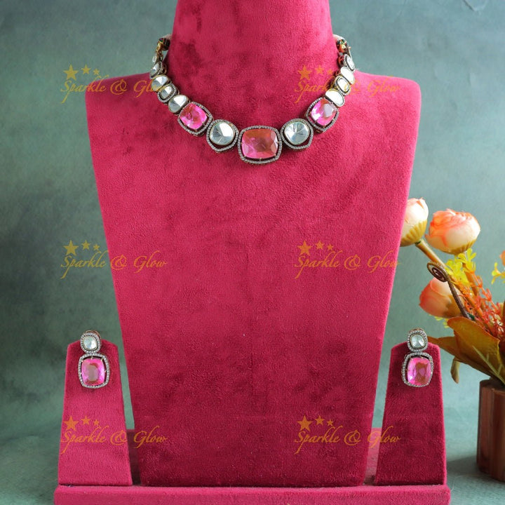 Stunning Goemetric design Victorian AD kundan short necklace - Light pink - Sparkle and Glow - 