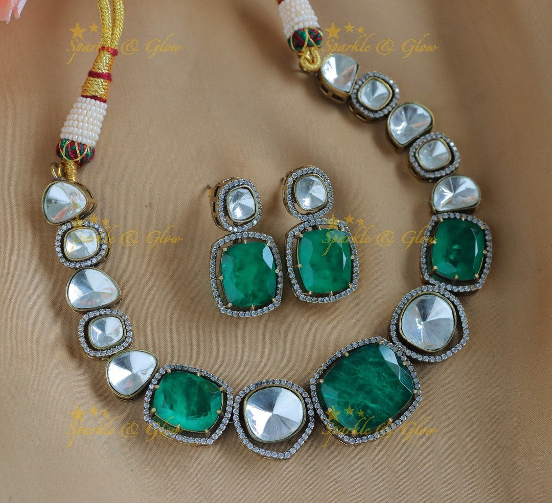 Stunning Goemetric design Victorian AD kundan short necklace-Red