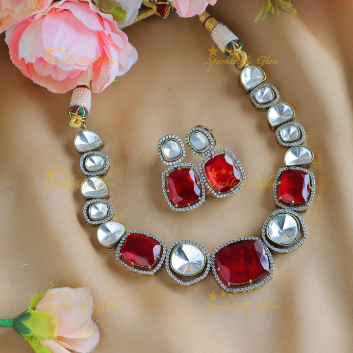 Stunning Goemetric design Victorian AD kundan short necklace-Red