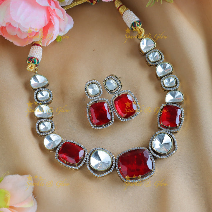 Stunning Goemetric design Victorian AD kundan short necklace-Red