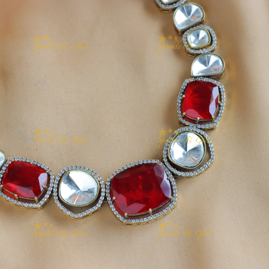 Stunning Goemetric design Victorian AD kundan short necklace-Red