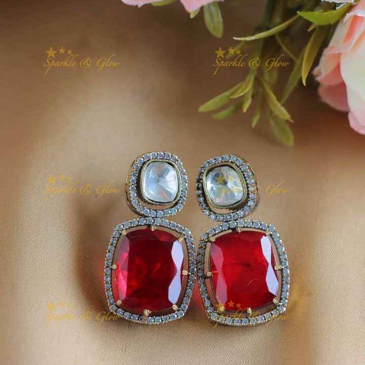 Stunning Goemetric design Victorian AD kundan short necklace-Red