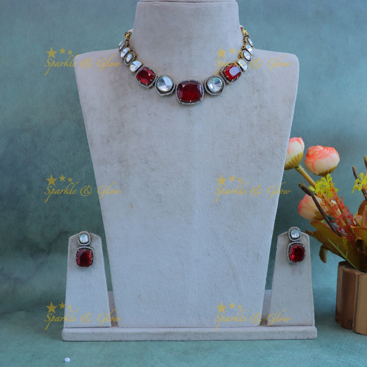 Stunning Goemetric design Victorian AD kundan short necklace-Red