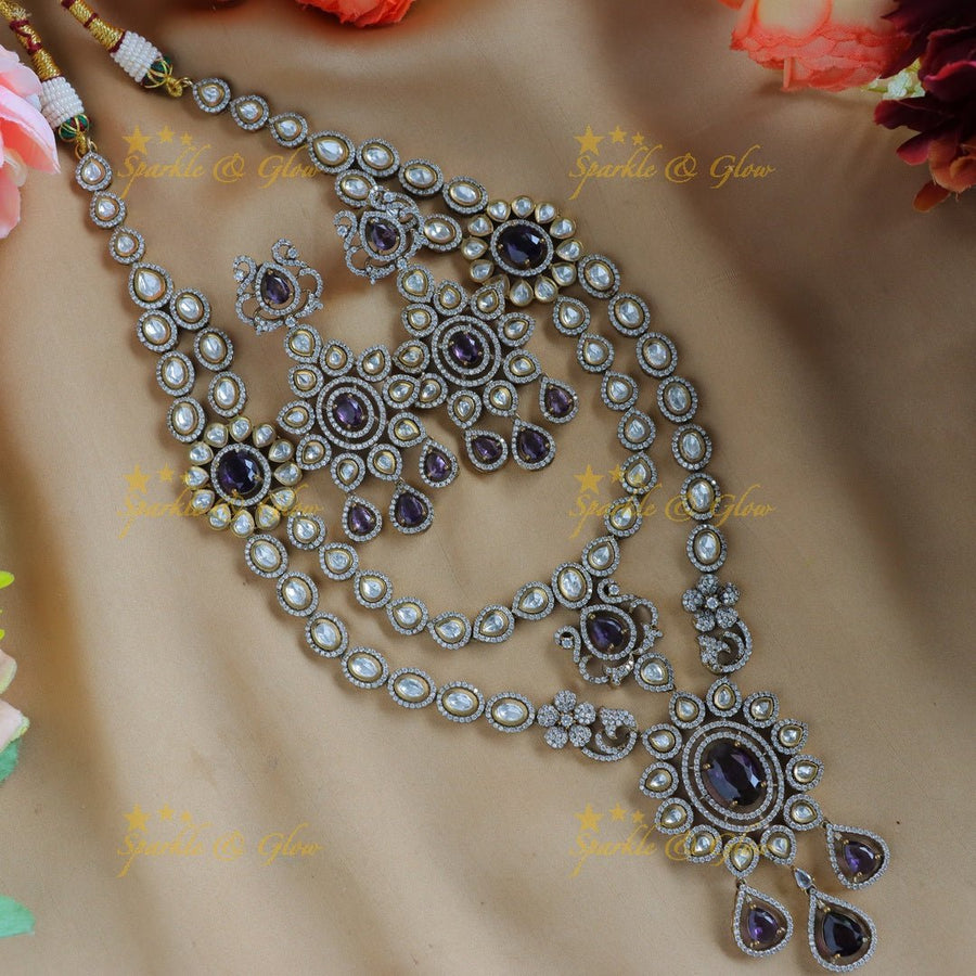 Grand Floral pendant layered Victorian AD necklace - Purple - Sparkle and Glow - 