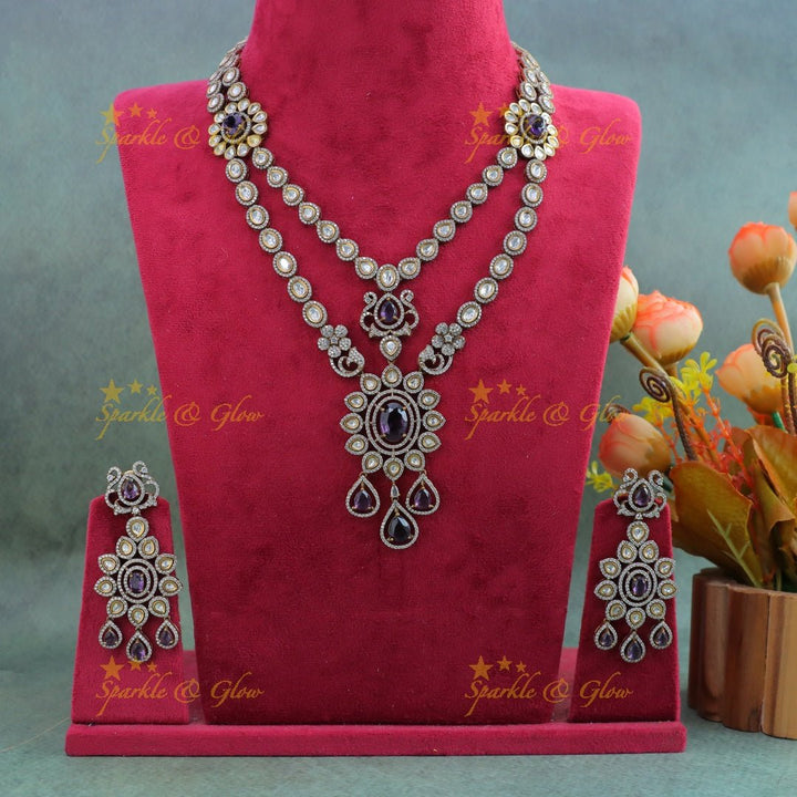 Grand Floral pendant layered Victorian AD necklace - Purple - Sparkle and Glow - 