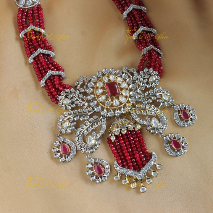 Stunning Leaf Floral carved Victorian AD short necklace with multilayered red beads