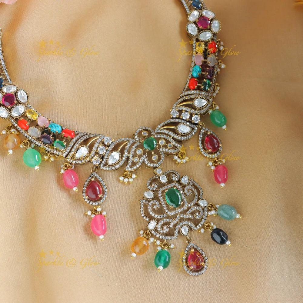 Gracious Leaf Floral design Victorian AD kundan short necklace - Navarathna - Sparkle and Glow - 