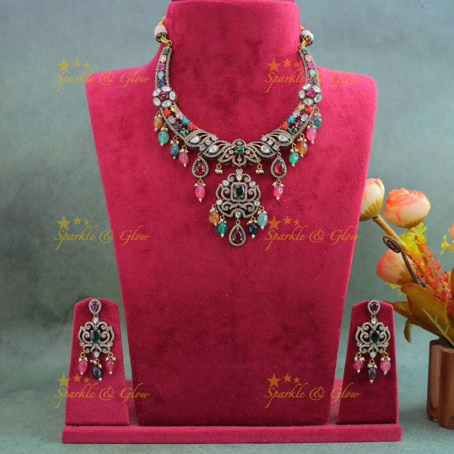 Gracious Leaf Floral design Victorian AD kundan short necklace - Navarathna - Sparkle and Glow - 