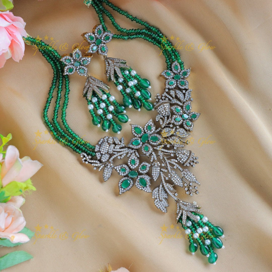 Stunning Leaf Floral carved Victorian AD short necklace with layered green beads - Sparkle and Glow - Back Thread - 