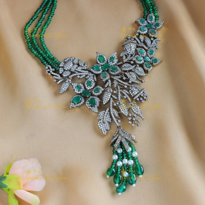 Stunning Leaf Floral carved Victorian AD short necklace with layered green beads - Sparkle and Glow - Back Thread - 