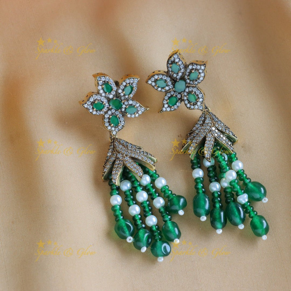 Stunning Leaf Floral carved Victorian AD short necklace with layered green beads - Sparkle and Glow - Back Thread - 