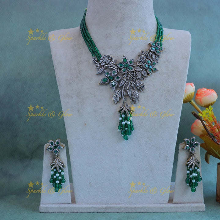 Stunning Leaf Floral carved Victorian AD short necklace with layered green beads - Sparkle and Glow - Back Thread - 