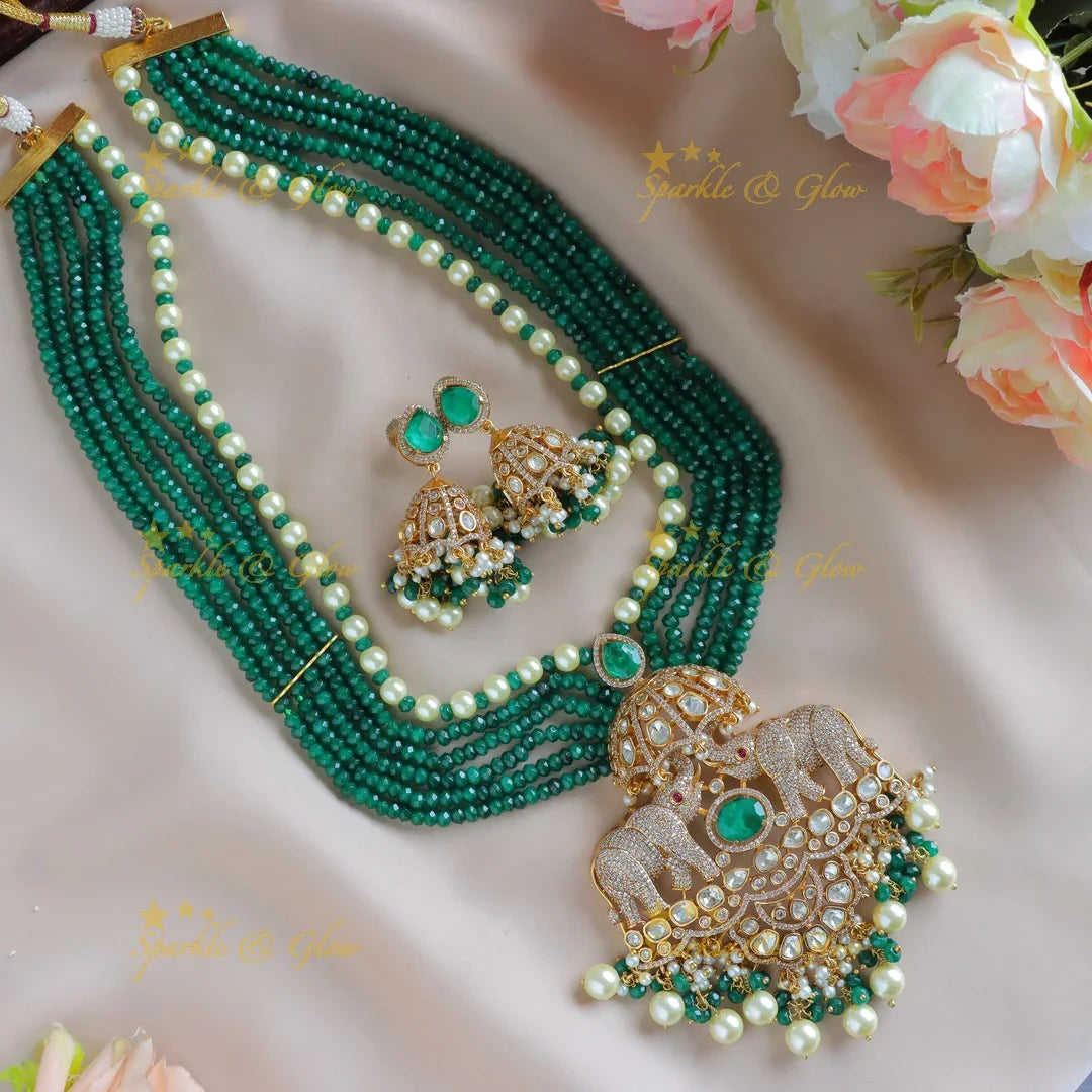 Grand Dual tone Elephant Floral carved Victorian AD haram with multilayered red beads - Sparkle and Glow