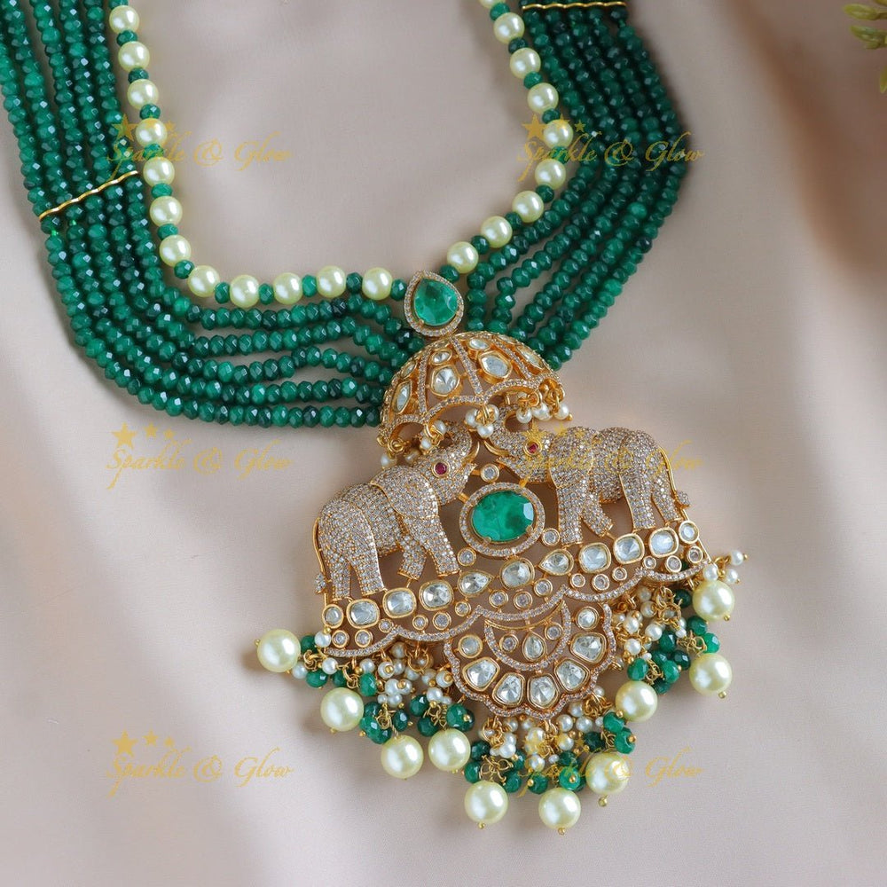 Grand Dual tone Elephant Floral carved Victorian AD haram with multilayered green beads - Sparkle and Glow - 