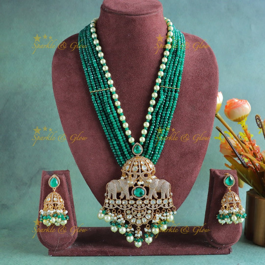 Grand Dual tone Elephant Floral carved Victorian AD haram with multilayered green beads - Sparkle and Glow - 