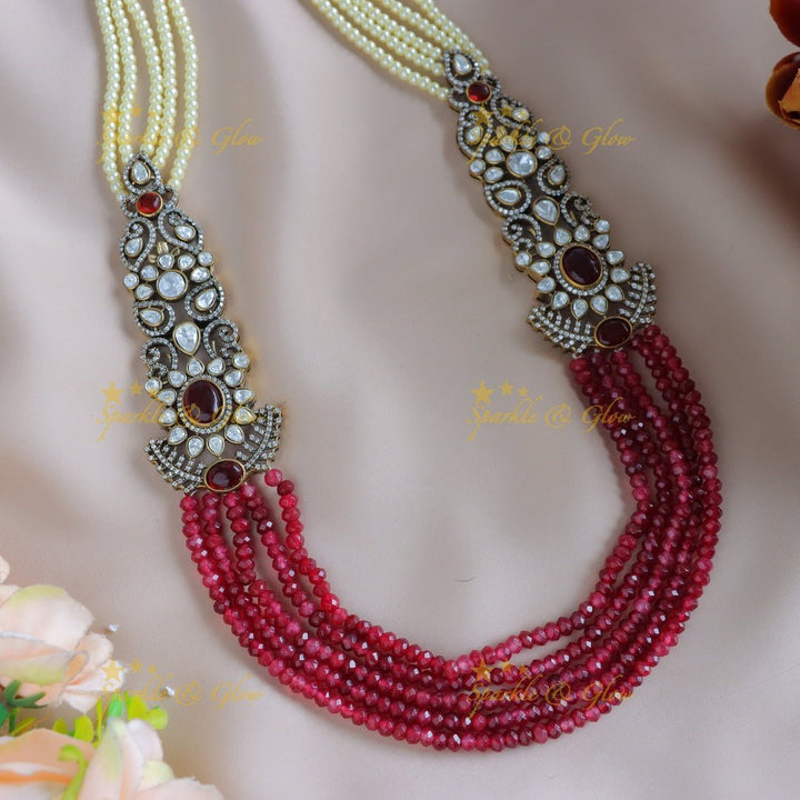 Grand Floral Victorian AD Haram with Multilayered Red beads and pearls - Red - Sparkle and Glow - 