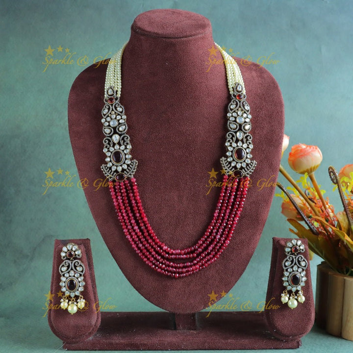 Grand Floral Victorian AD Haram with Multilayered Red beads and pearls - Red - Sparkle and Glow - 